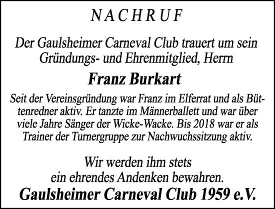 Traueranzeige von Franz Burkart von Binger-/Ingelheimer Wochenblatt