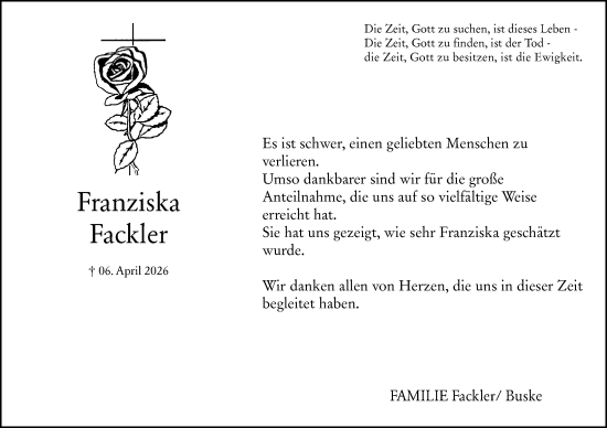 Traueranzeige von Franziska Fackler von Rüsselsheimer Echo