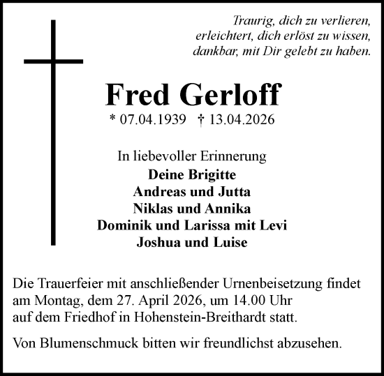 Traueranzeige von Fred Gerloff von Idsteiner Land/Untertaunus