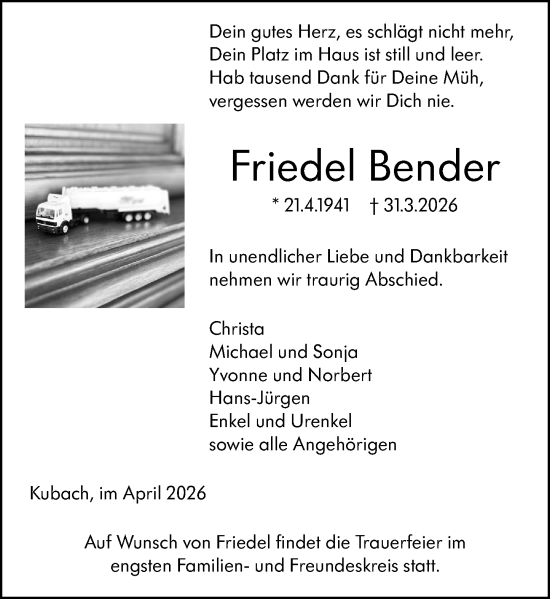 Traueranzeige von Friedel Bender von Weilburger Tageblatt