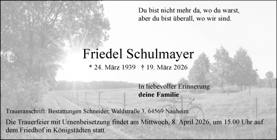 Traueranzeige von Friedel Schulmayer von Rüsselsheimer Echo