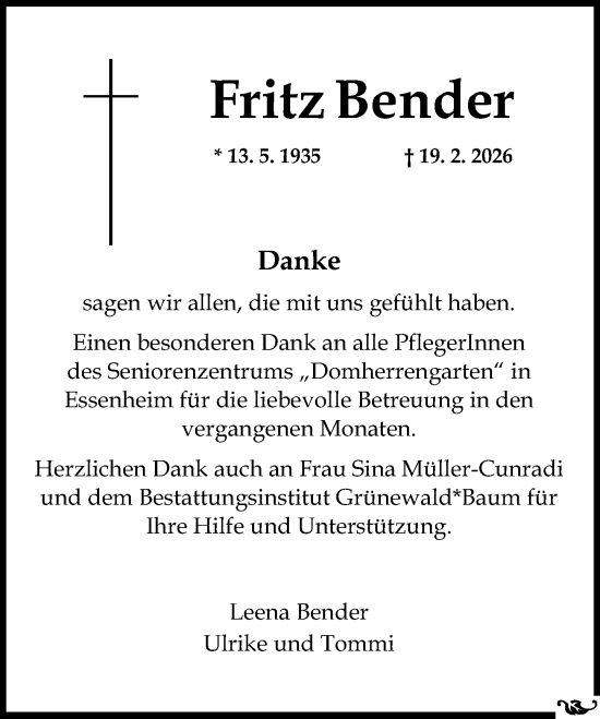 Traueranzeige von Fritz Bender von Allgemeine Zeitung Mainz