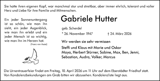 Traueranzeige von Gabriele Hutter von Darmstädter Echo