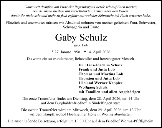 Traueranzeige von Gaby Schulz von Wormser Zeitung
