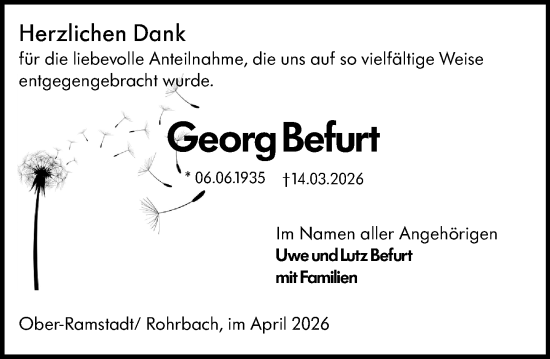 Traueranzeige von Georg Befurt von Darmstädter Echo