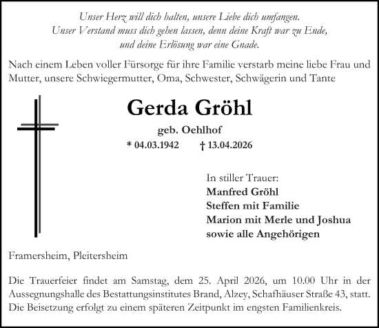 Traueranzeige von Gerda Gröhl von Allgemeine Zeitung Alzey