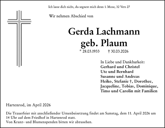 Traueranzeige von Gerda Lachmann von Hinterländer Anzeiger