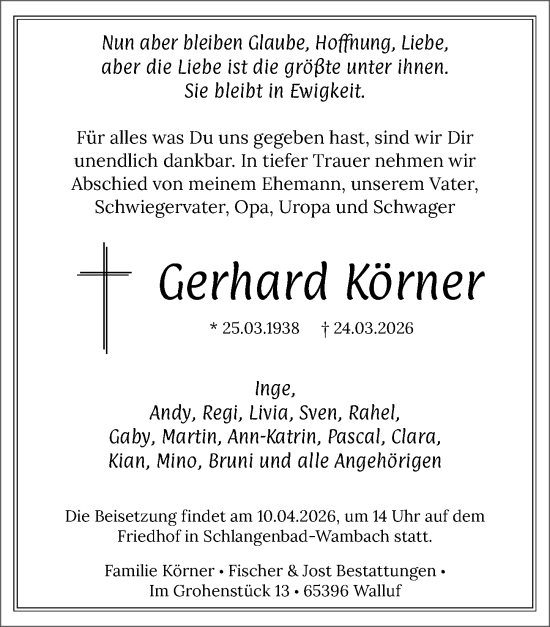 Traueranzeige von Gerhard Körner von Wiesbadener Kurier