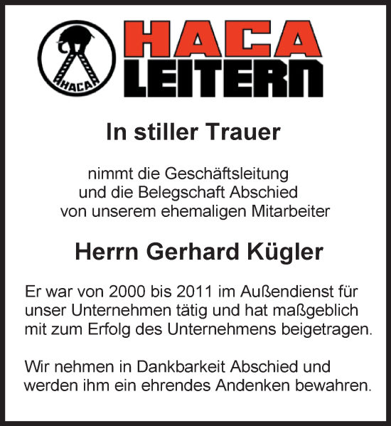 Traueranzeige von Gerhard Kügler von Camberger Anzeiger