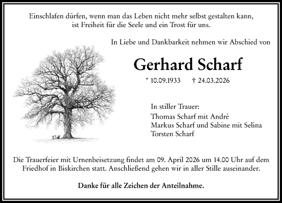 Traueranzeige von Gerhard Scharf von Wetzlarer Neue Zeitung