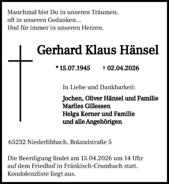 Traueranzeige von Gerhard Klaus Hänsel von Odenwälder Echo