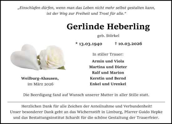 Traueranzeige von Gerlinde Heberling von Weilburger Tageblatt