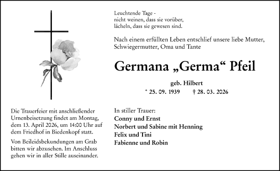 Traueranzeige von Germana Pfeil von Hinterländer Anzeiger