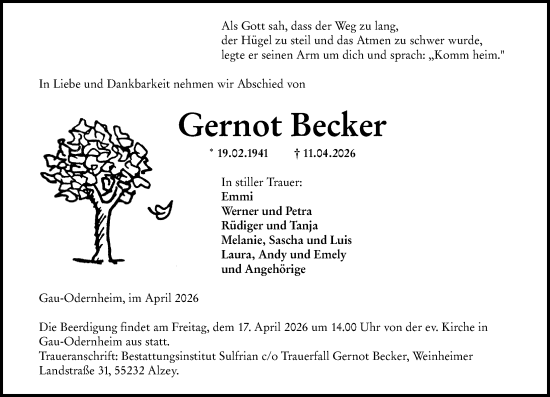 Traueranzeige von Gernot Becker von Allgemeine Zeitung Alzey