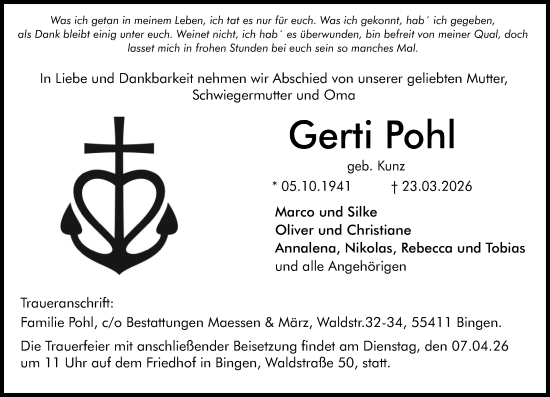 Traueranzeige von Gerti Pohl von Binger-/Ingelheimer Wochenblatt
