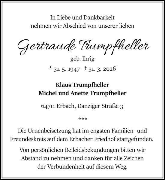 Traueranzeige von Gertraude Trumpfheller von Odenwälder Echo