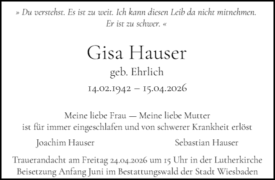 Traueranzeige von Gisa Hauser von Wiesbadener Kurier
