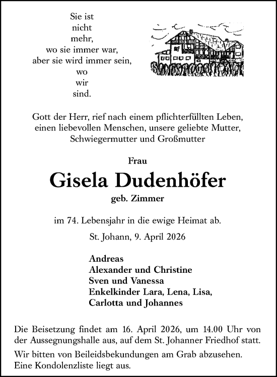 Traueranzeige von Gisela Dudenhöfer von Allgemeine Zeitung Rheinhessen-Nahe