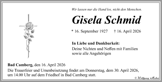 Traueranzeige von Gisela Schmid von Camberger Anzeiger