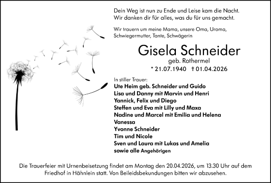 Traueranzeige von Gisela Schneider von Darmstädter Echo