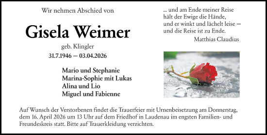 Traueranzeige von Gisela Weimer von Odenwälder Echo