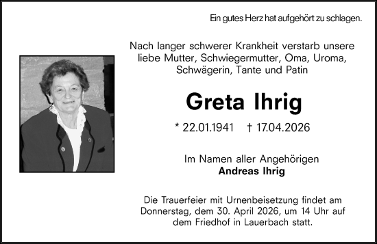 Traueranzeige von Greta Ihrig von Odenwälder Echo