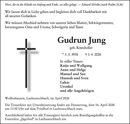 Traueranzeige von Gudrun Jung von Weilburger Tageblatt
