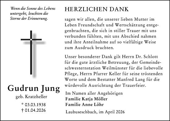 Traueranzeige von Gudrun Jung von Weilburger Tageblatt
