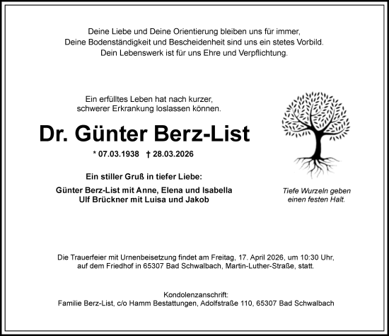 Traueranzeige von Günter Berz-List von Dieburger Anzeiger/Groß-Zimmerner Lokal-Anzeiger