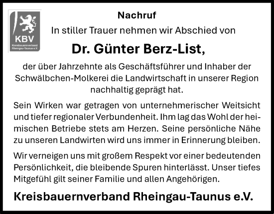 Traueranzeige von Günter Berz-List von Idsteiner Land/Untertaunus