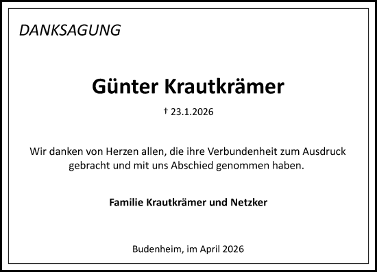 Traueranzeige von Günter Krautkrämer von Wiesbadener Kurier