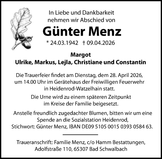 Traueranzeige von Günter Menz von Wiesbadener Kurier