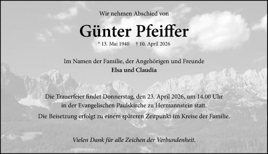 Traueranzeige von Günter Pfeiffer von Wetzlarer Neue Zeitung