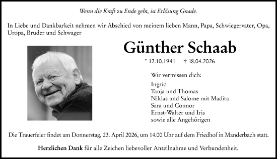 Traueranzeige von Günther Schaab von Dill Block