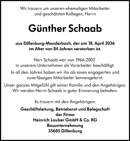 Traueranzeige von Günther Schaab von Dill Block
