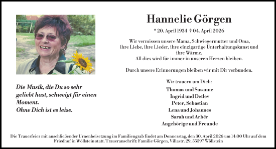Traueranzeige von Hannelie Görgen von Allgemeine Zeitung Alzey