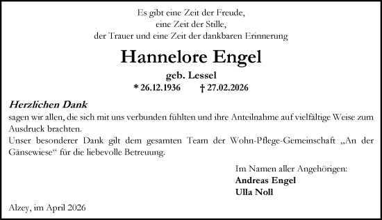 Traueranzeige von Hannelore Engel von Allgemeine Zeitung Alzey