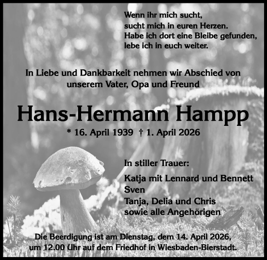 Traueranzeige von Hans-Hermann Hampp von Wiesbadener Kurier