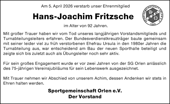 Traueranzeige von Hans-Joachim Fritzsche von Idsteiner Land/Untertaunus