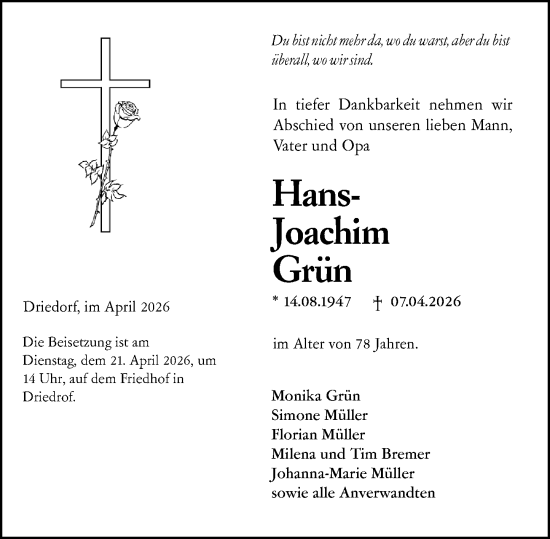 Traueranzeige von Hans-Joachim Grün von Dill Block