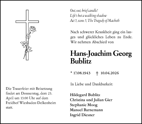 Traueranzeige von Hans-Joachim Georg Bublitz von Wiesbadener Kurier