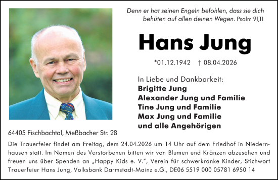 Traueranzeige von Hans Jung von Darmstädter Echo