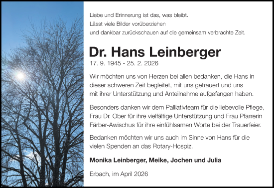 Traueranzeige von Hans Leinberger von Odenwälder Echo