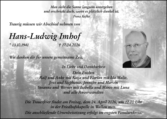 Traueranzeige von Hans-Ludwig Imhof von Hinterländer Anzeiger