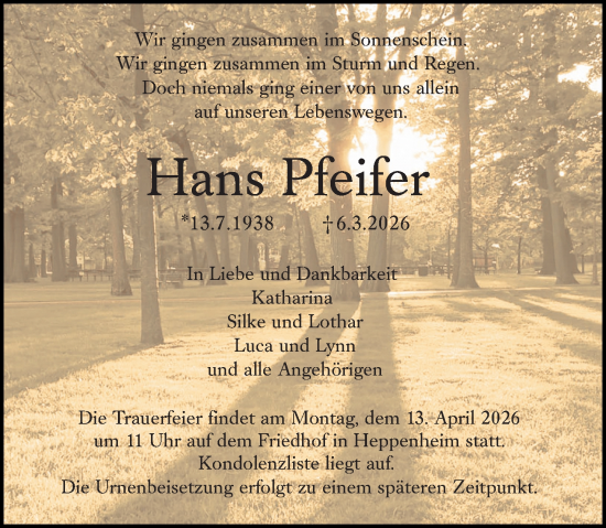 Traueranzeige von Hans Pfeifer von Starkenburger Echo