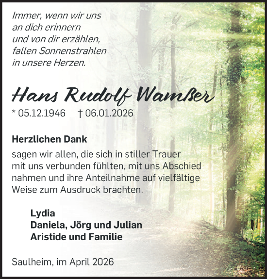 Traueranzeige von Hans Rudolf Wamßer von Allgemeine Zeitung Alzey