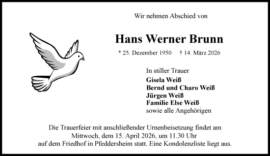 Traueranzeige von Hans Werner Brunn von Wormser Zeitung