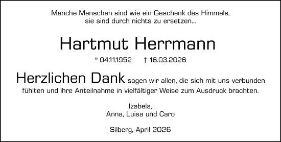 Traueranzeige von Hartmut Herrmann von Hinterländer Anzeiger