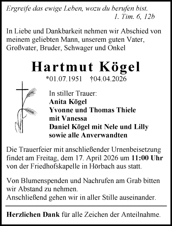 Traueranzeige von Hartmut Kögel von Dill Block
