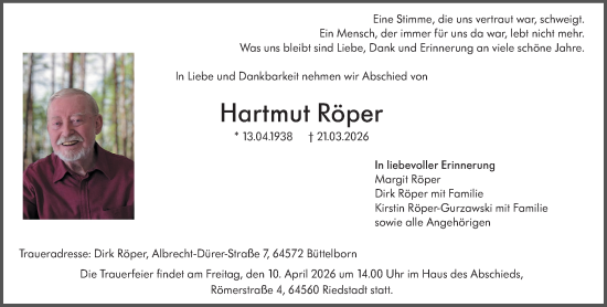 Traueranzeige von Hartmut Röper von Darmstädter Echo